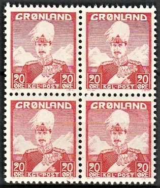 FRIMÆRKER GRØNLAND | 1946 - AFA 26 - Christian X - 20 øre rød i 4-blok - Postfrisk